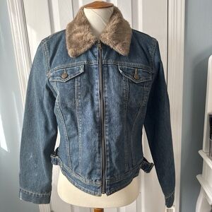 INC International Concepts Blue Denim Jacket with Brown Faux Fur Collar